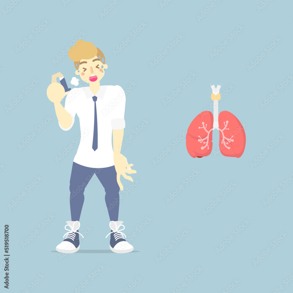 man with bronchodilator(asthma inhaler) and lungs, internal organs ...