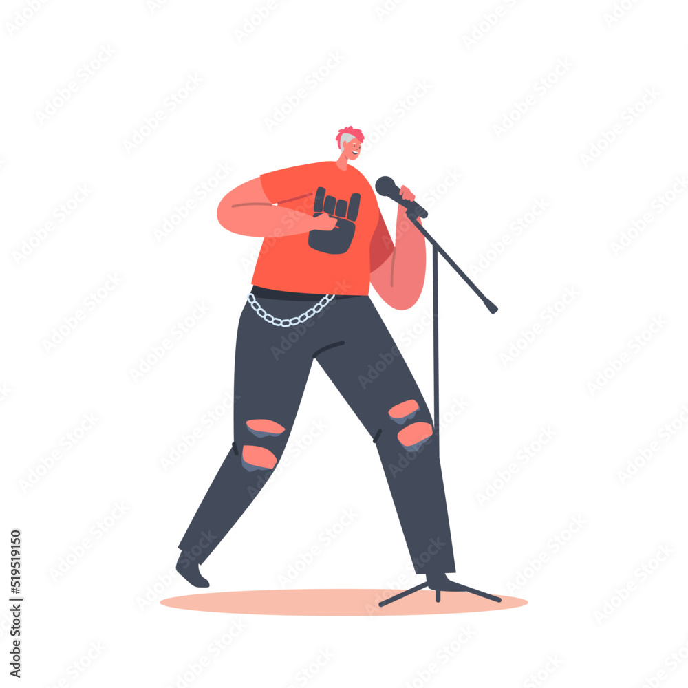 Obraz premium Old Woman with Punk Hairstyle and Rock Outfit Sing on Stage with Microphone. Modern Pensioner Music Band, Karaoke