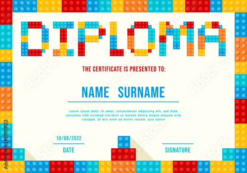 Certificate kids diploma, kindergarten template layout toy block vector.