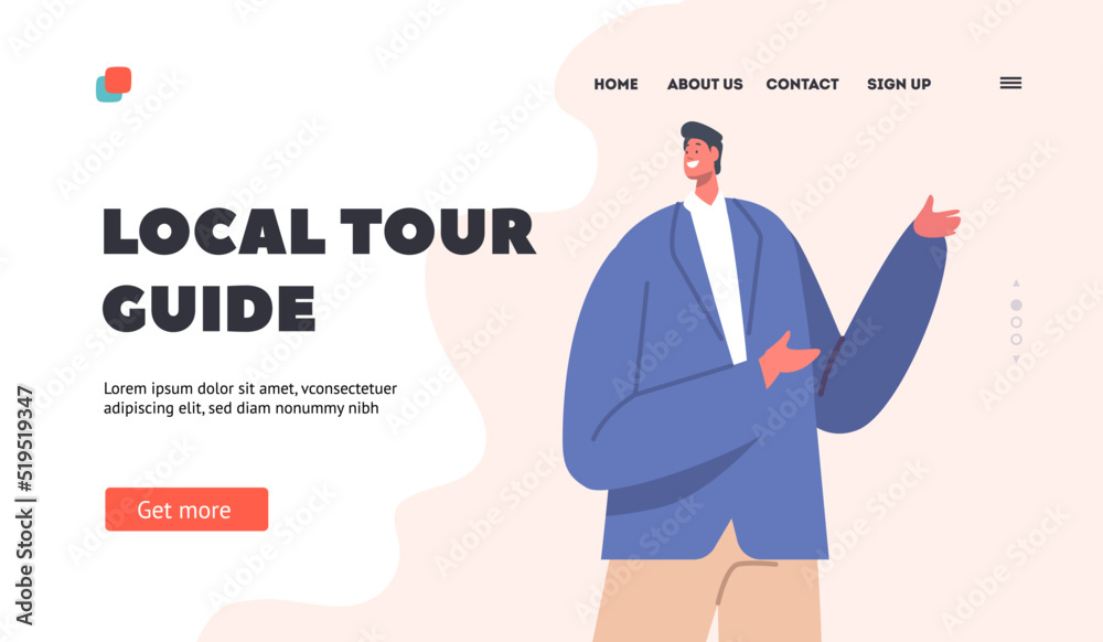 Local Tour Guide Landing Page Template. Male Character Wear Blue Blazer and Trousers Showing Sightseeing to Tourists