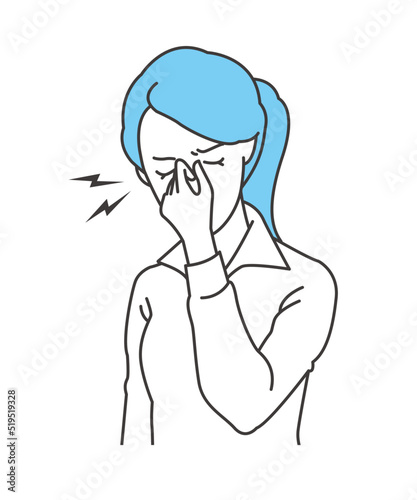 疲れ目で目頭を押さえる女性のイラスト素材 ベクター 白シャツ 眼精疲労