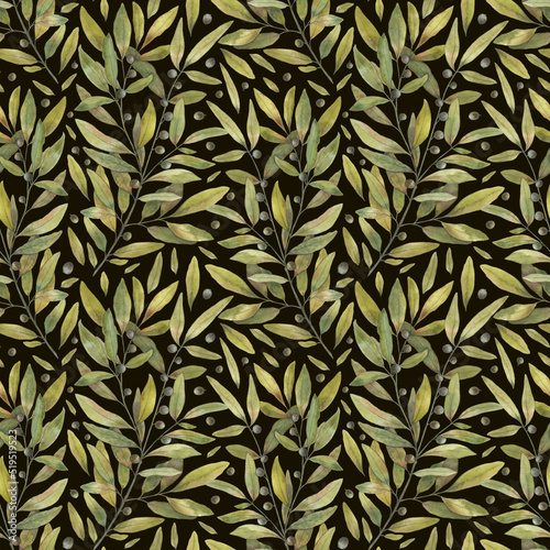 Seamless pattern with olive branch on a dark backdrop, hand drawn in watercolor. 