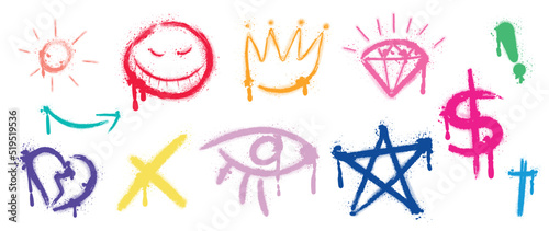 Set of colorful graffiti spray pattern. Collection of symbols  sun  scribble  crown  arrow  star  eye with spray texture. Elements on white background for banner  decoration  street art and ads.