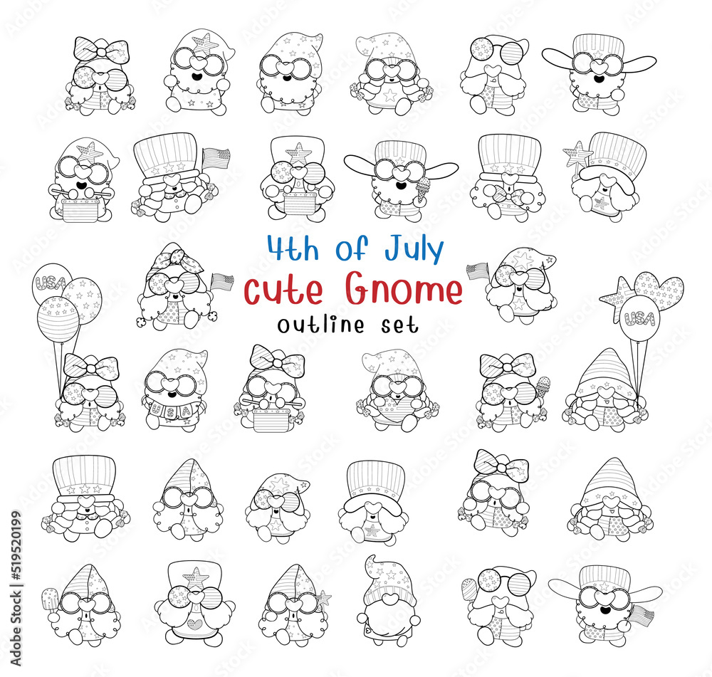 bundle set of 4th of July cute gnome cartoon black outline for coloring page or digital stamp, hand drawn illustration vector