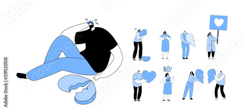 Set of Characters with Broken Heart. Depressed Heartbroken Man Sitting on Ground and Crying. End of Love and Relations