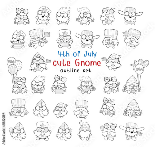 bundle set of 4th of July cute gnome cartoon black outline for coloring page or digital stamp, hand drawn illustration vector
