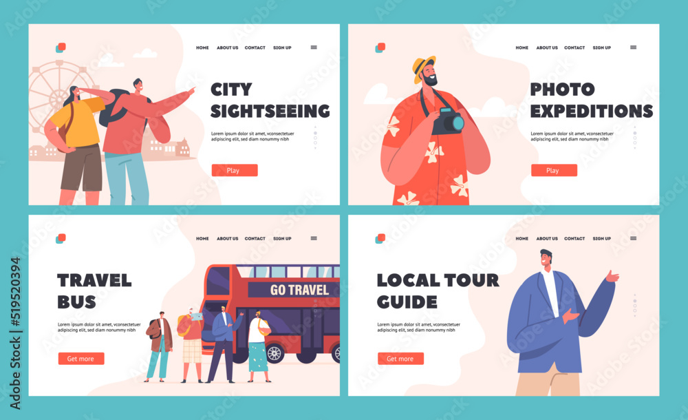 Group Of Tourists Travel on Bus Landing Page Template Set. Characters Visit Sightseeing, People Stand ar Double Decker