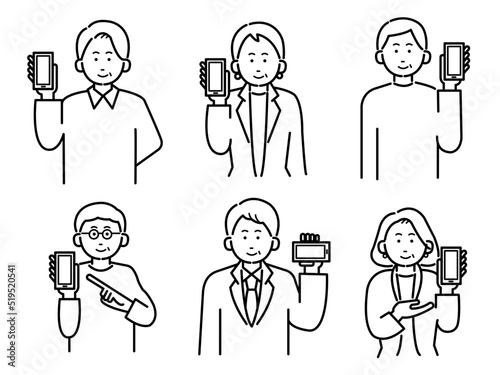 スマートフォンを手に持つ色々なシニアのイラスト素材セット　線画のみ