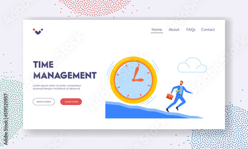 Time Management Landing Page Template. Deadline, Lack of Time, Work Stress Concept. Business Man Escape from Huge Clock