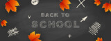 Back to school - blackboard with autumn leaves, doodles and chalk lettering. Template for your text. Vector