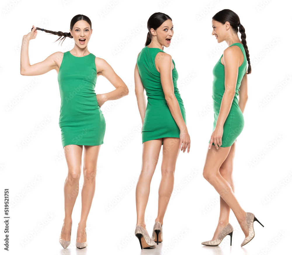 Obraz premium Collage of a young happy woman in a short green dress posing on white background
