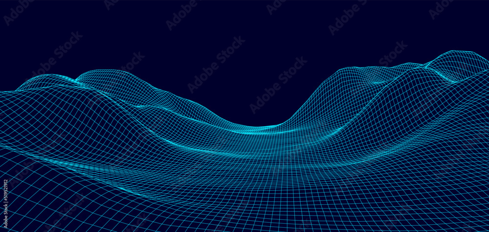 Digital wireframe landscape. Wireframe terrain polygon landscape design. Digital cyberspace in mountains with valleys. Vector illustration.