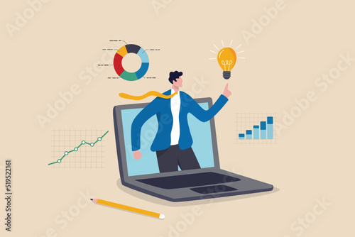 Business consultant, advisor or expertise, online presentation or conference call, strategy and analysis concept, smart businessman from computer laptop monitor giving some advice with analysis graph.