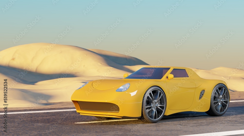 Yellow sport car coupe landscape scene 3D rendering automotive vehicle wallpaper backgrounds