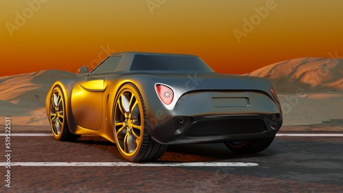 Glossy metallic sport car render outdoor in dusk scene 3D rendering automotive vehicle wallpaper backgrounds