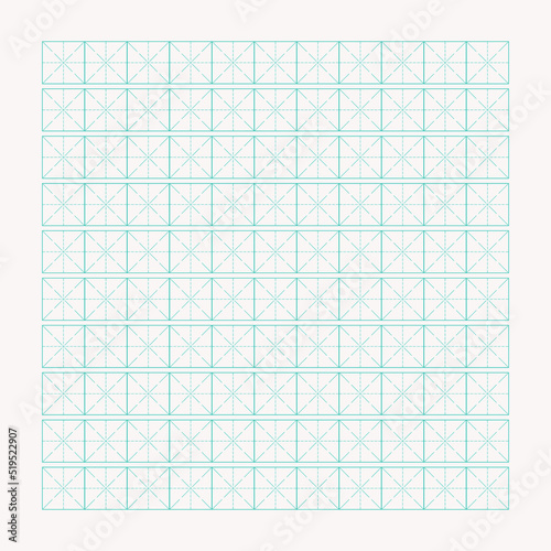 Workbook for writing hieroglyphs. Lined paper for printing. Geometric pattern for school. Realistic lined paper. Simulator for writing Chinese characters. Page of calligraphy exercises. Graph paper