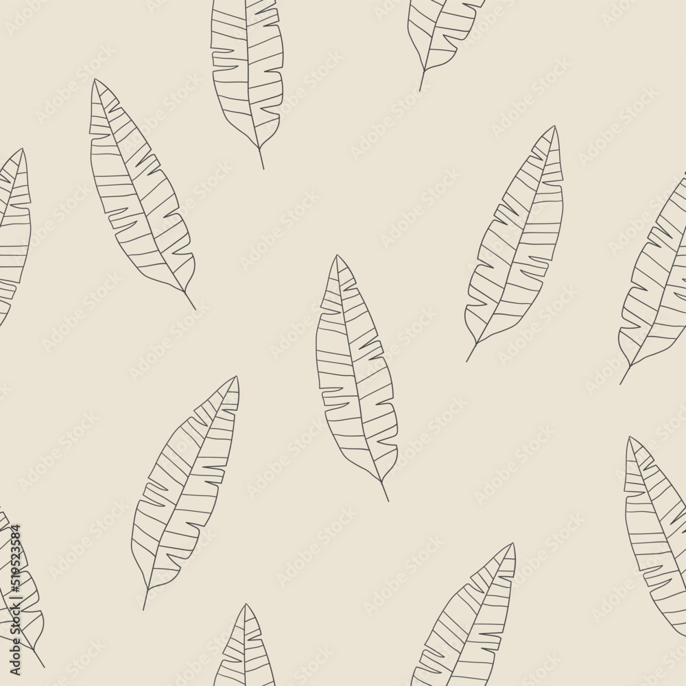 Tropical pattern from banana leaves. Outline drawing. Abstract tropical leaves, seamless. Ornament for the design of invitations, wedding cards, gift wrapping, wallpaper. Handmade in a linear style.
