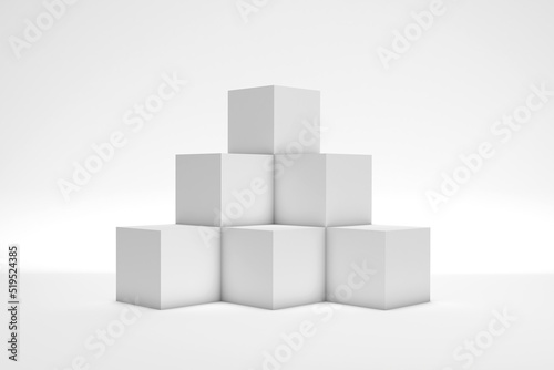White cube boxes on white background for display. 3d rendering.