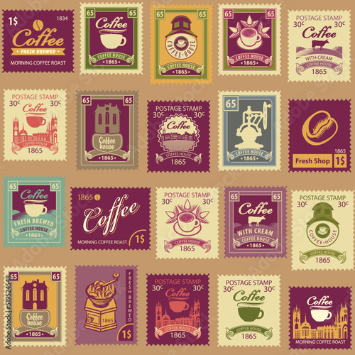 Seamless pattern in retro style on theme of coffee and coffee shops with old postage stamps. Suitable for wallpaper, wrapping paper, fabric, package. Repeating vector background with a set of stamps