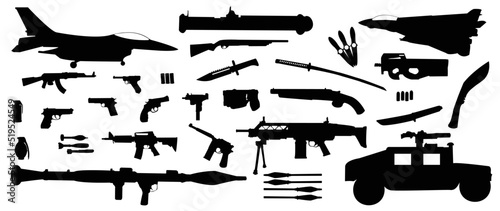 Set of black silhouette weapon vector. Collection of pistols, guns, shotgun, rifles, katana, knife, submarine, military tank, aircraft, submachines, revolvers. Vector weapon and military firearm set.