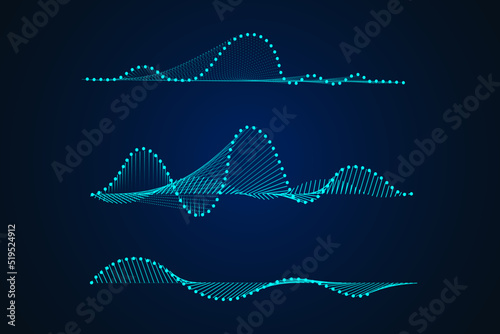 Sound wave illustration on a dark background. Abstract blue digital equalizer indicators. Voice graph meter or audio electronic tracks.Vector horizontal sonic vibration spectrum.