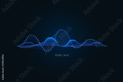 Sound wave illustration on a dark background. Abstract blue digital equalizer indicators. Voice graph meter or audio electronic tracks.Vector horizontal sonic vibration spectrum.
