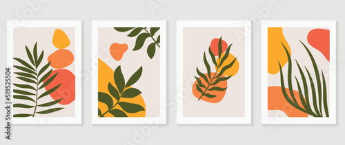Set of abstract foliage wall art vector. Leaves, organic shapes, earth tone colors, leaf branch in hand drawn. Botanical wall decoration collection design for interior, poster, cover, banner.
