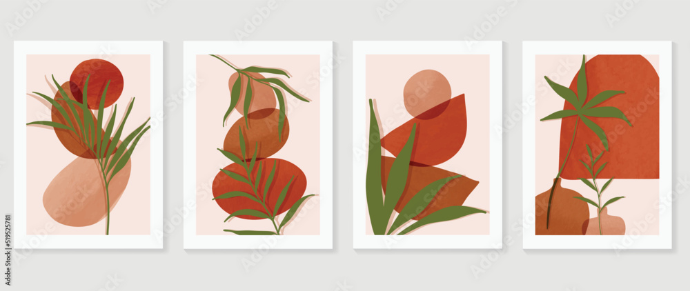 Set of abstract foliage wall art vector. Leaves, organic shapes, earth tone, palm leaf, branch in hand drawn. Watercolor wall decoration collection design for interior, poster, cover, banner.
