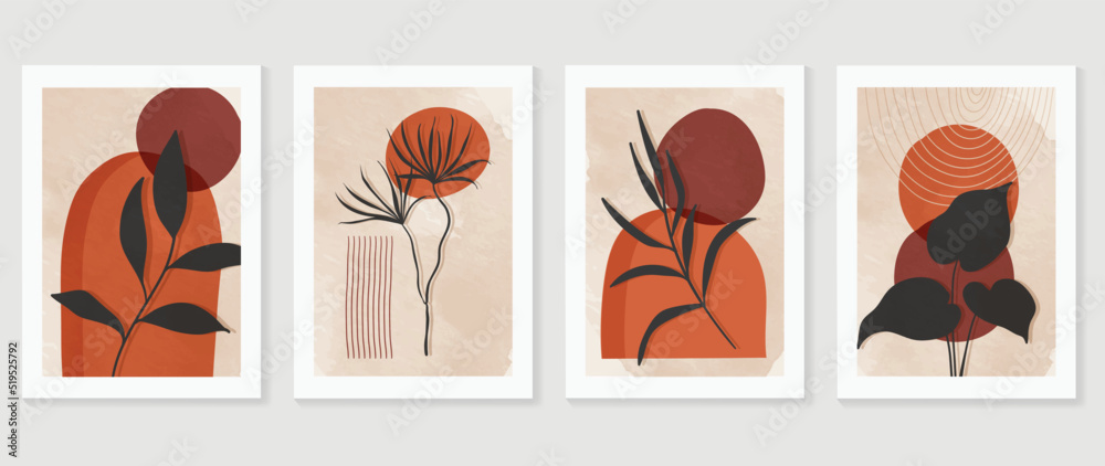 Set of abstract foliage wall art vector. Leaves, organic shapes, earth tone, leaf branch, tree in hand drawn. Watercolor wall decoration collection design for interior, poster, cover, banner.