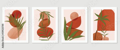 Set of abstract foliage wall art vector. Leaves, organic shapes, earth tone, palm leaf, branch in hand drawn. Watercolor wall decoration collection design for interior, poster, cover, banner.