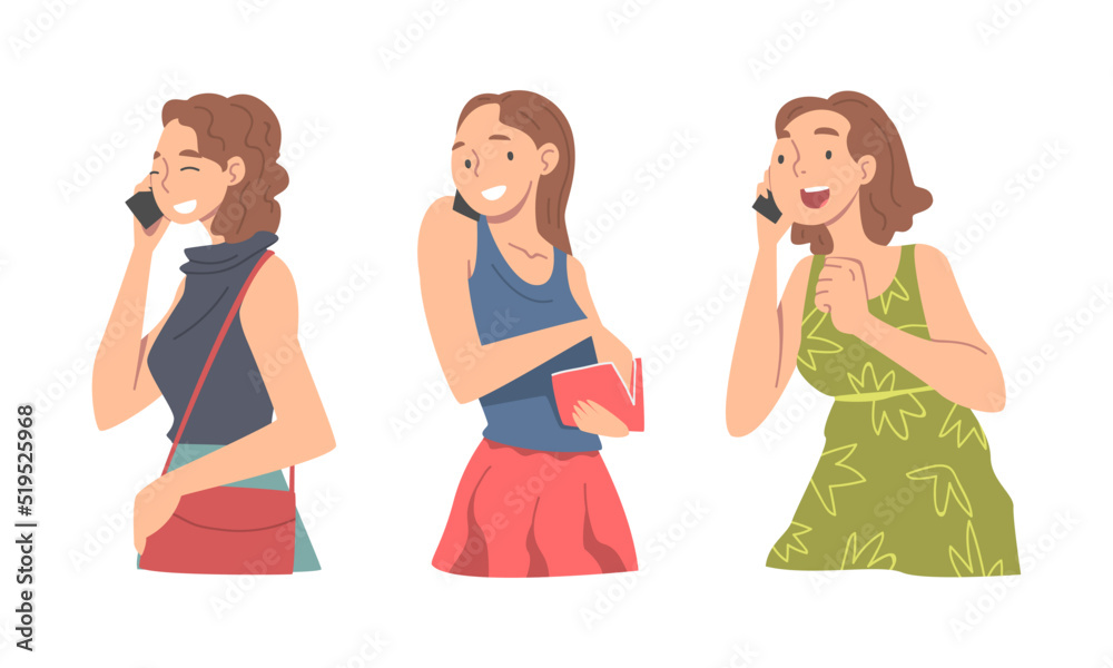 Young women using smartphones set. Cheerful smiling girls talking on phones cartoon vector illustration Young women using smartphones set. Cheerful smiling girls talking on phones cartoon vector illustration