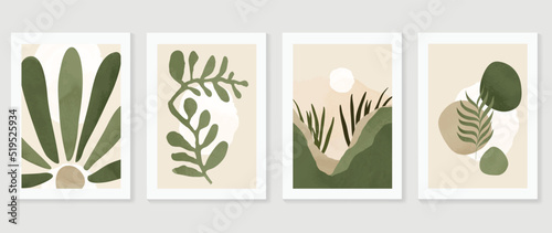 Set of abstract foliage wall art vector. Leaves, organic shapes, green tone, leaf branch, flowers in hand drawn. Watercolor wall decoration collection design for interior, poster, cover, banner.