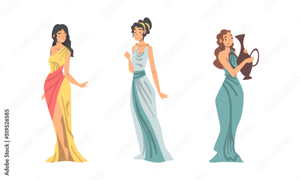 Ancient Greek women in traditional clothes set cartoon vector illustration  Stock Vector