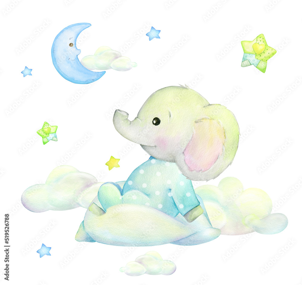 Cute baby elephant, in blue clothes, sitting on the clouds. watercolor