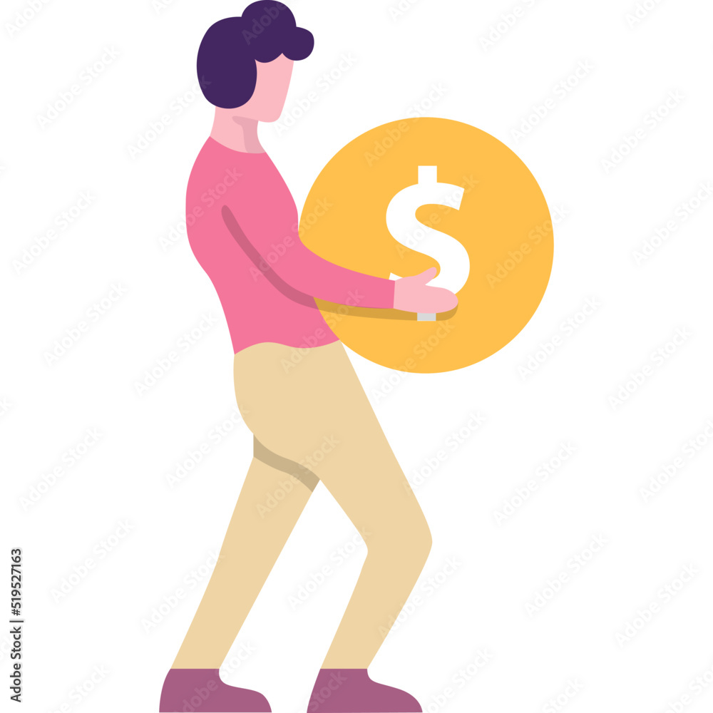 Man holding gold dollar coin vector icon Man holding gold dollar coin vector icon