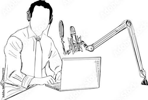 Podcast Man Vector, Sketch drawing of man doing podcast on mic, Silhouette of podcast setup with man, Line art illustration of podcast doing professional man