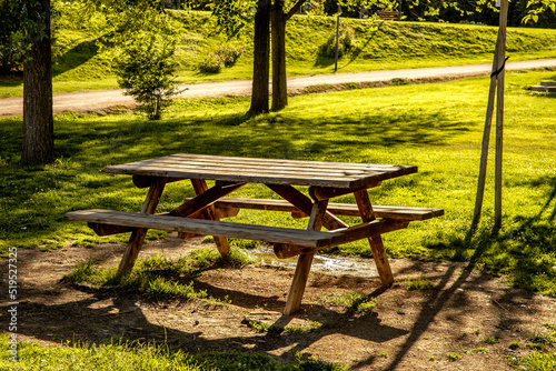 Fototapeta Naklejka Na Ścianę i Meble -  wooden picnic table under the shade of the trees in the countryside