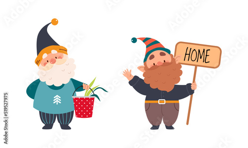 Set of garden gnomes. Dwarfs holding bucket and wooden signboard, cute fairy tale characters cartoon vector illustration cartoon