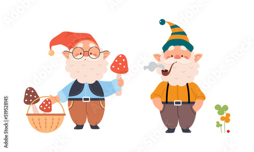 Set of garden gnomes. Dwarfs picking mushrooms and smoking pipe, cute fairy tale characters cartoon vector illustration