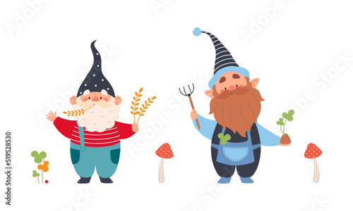 Set of garden gnomes. Cute dwarfs fairy tale characters cartoon vector illustration