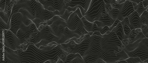 Abstract background with distorted line shapes on a black background. Monochrome sound line waves.