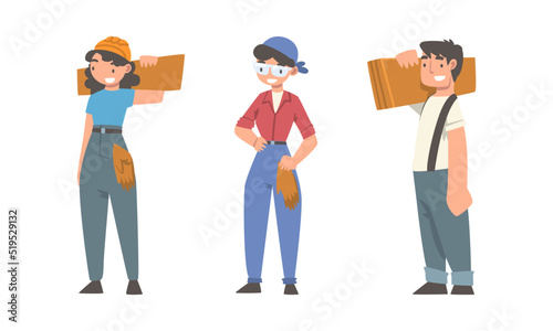 Construction workers set. Builder or handyman characters in overalls holding wooden planks cartoon vector illustration