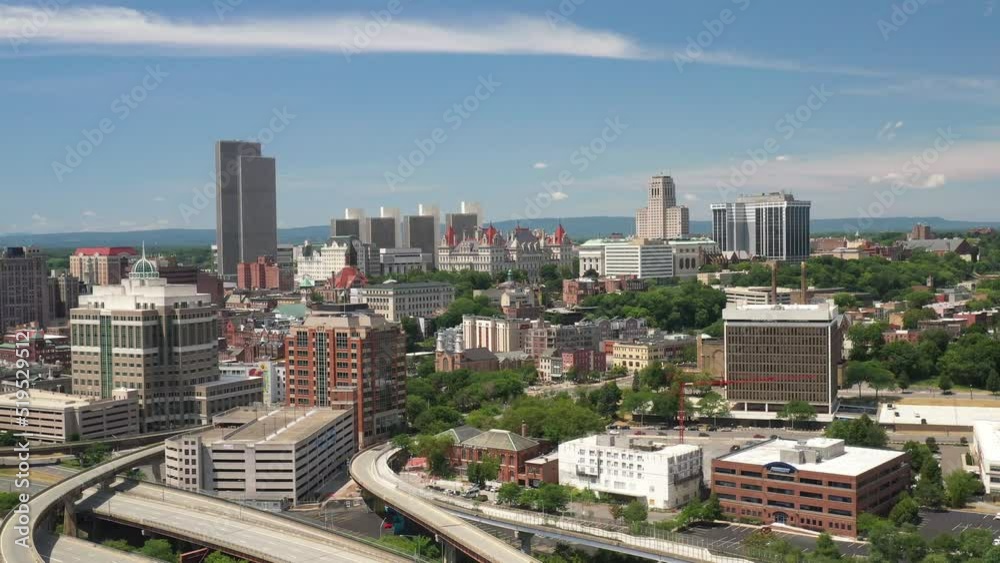 Albany, New York skyline drone video moving up. Albany, New York skyline drone video moving up.