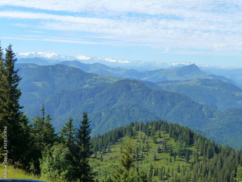 Eine grüne Berglandschaft in Tirol.