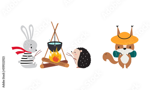Cute forest animals hiking and camping on nature set. Lovely bunny and hedgehog sitting near campfire, squirrel walking with backpack cartoon vector illustration