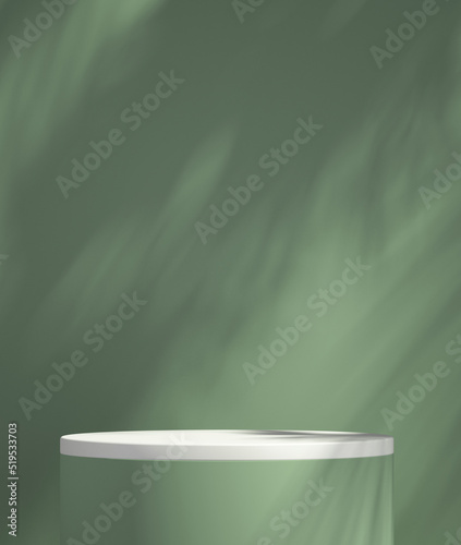 Product podium mockup display with green and white background with tree shadow,summer background,3D render illustration