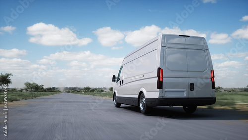 Generic 3d model of delivery van very fast driving on highway. Gas, oil concept. 3d rendering.