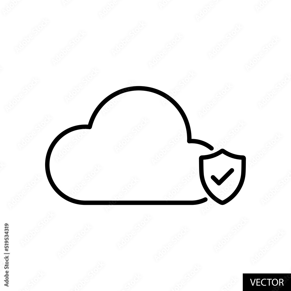 Cloud with Shield, Cloud network security concept vector icon in line style design for website design, app, UI, isolated on white background. Editable stroke. Vector illustration. Cloud with Shield, Cloud network security concept vector icon in line style design for website design, app, UI, isolated on white background. Editable stroke. Vector illustration.
