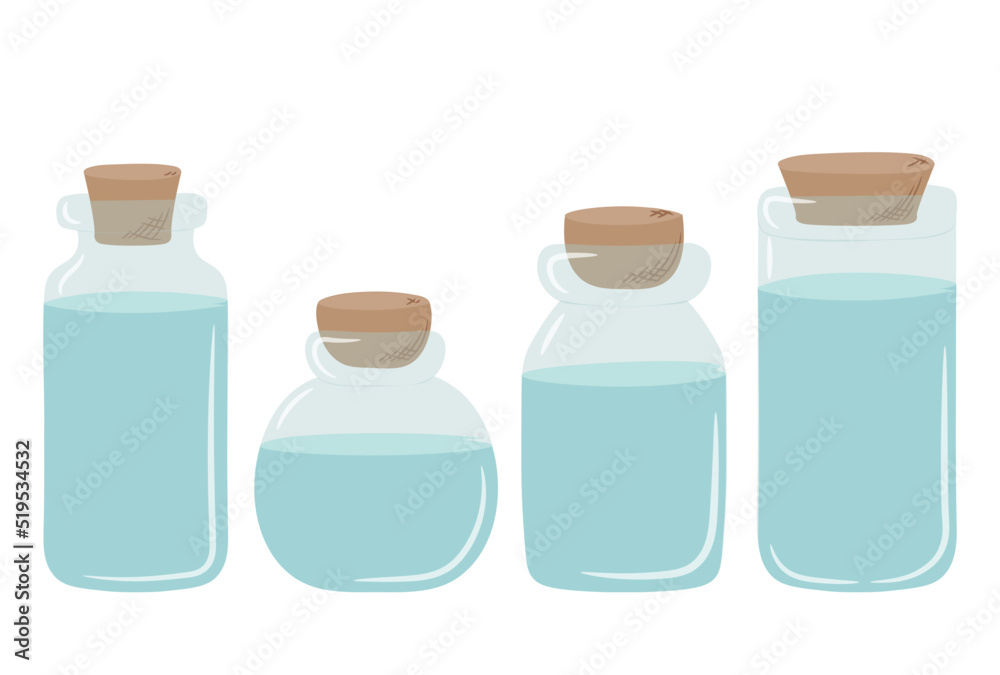 A set of blue glass jars with liquid inside. The jar is closed with a cork hand drawn in doodle style. Isolated vector illustration. A set of blue glass jars with liquid inside. The jar is closed with a cork hand drawn in doodle style. Isolated vector illustration.
