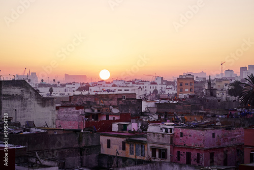 The ancient city at sunrise. Old houses in medina of Casablanca, Morocco.